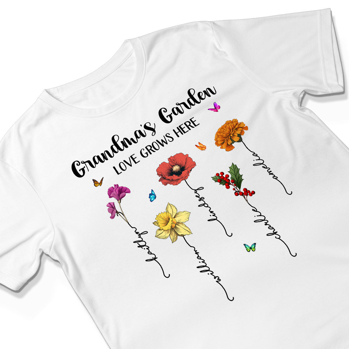 Grandma‘s Garden Love Grows Here Beautiful Birth Month Flower Mother‘s Day Gift For Grandma Mom Personalized Shirt