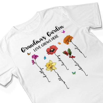 Grandma‘s Garden Love Grows Here Beautiful Birth Month Flower Mother‘s Day Gift For Grandma Mom Personalized Shirt