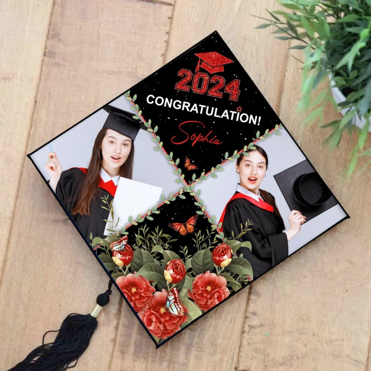 Friends - Personalized 2 Photos Floral Class Of 2024 Photo Graduation - Personalized Cap Topper - The Next Custom Gift
