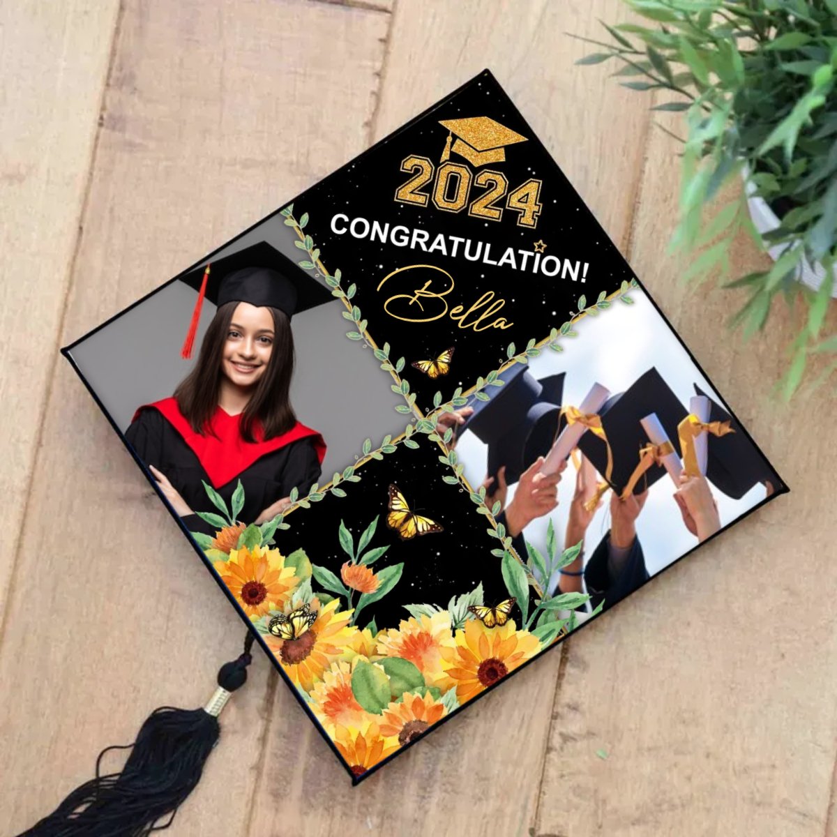 Friends - Personalized 2 Photos Floral Class Of 2024 Photo Graduation - Personalized Cap Topper - The Next Custom Gift