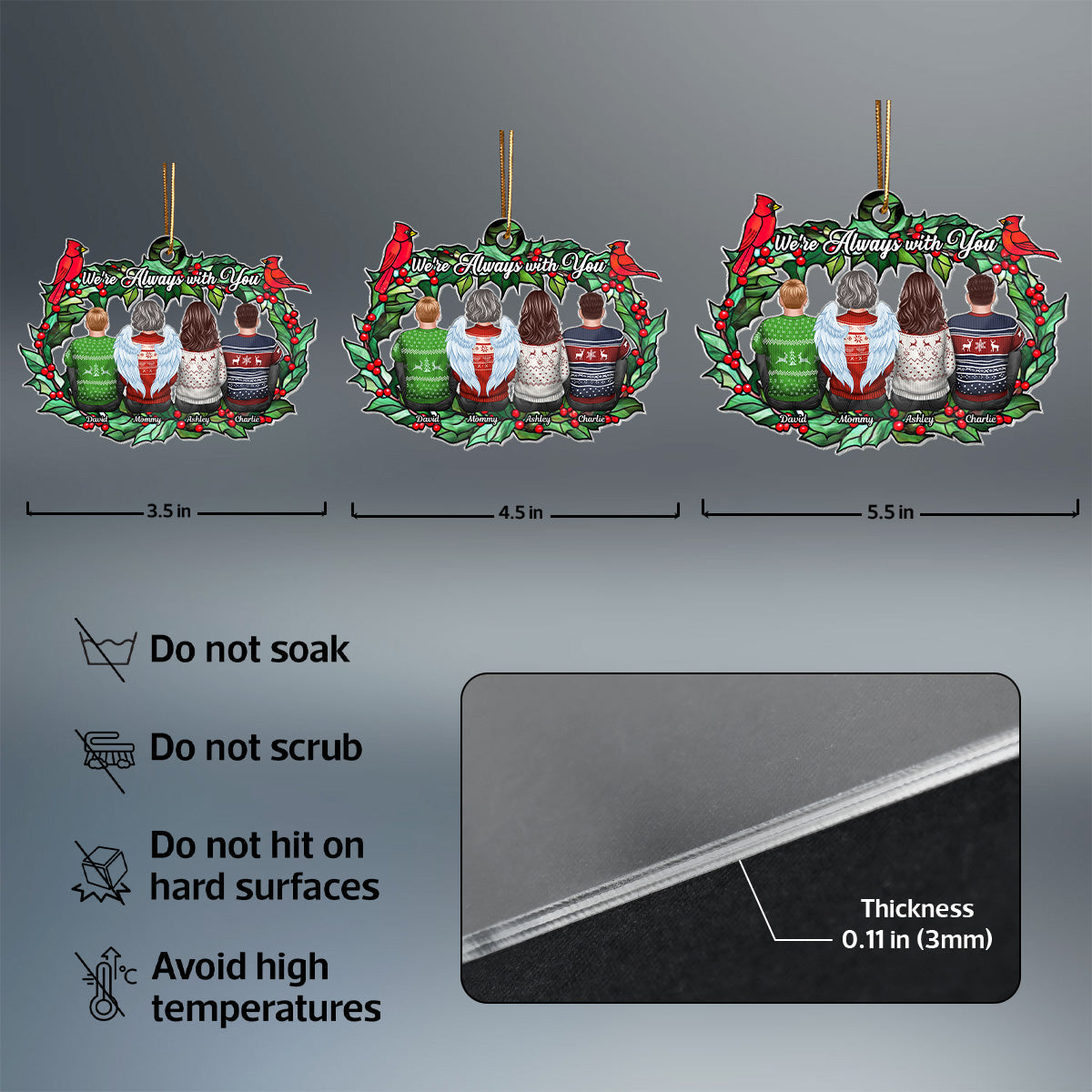 Christmas Family Sitting Back View Holly Branch Memorial Personalized Acrylic Ornament, Remembrance Gift, Sympathy Gift