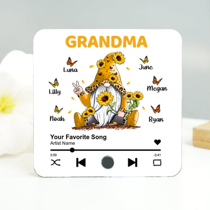 Sunflower Gnome Butterflies Grandma With Grandkids Personalized Music Fridge Magnet, Heartfelt Mother's Day Gift For Mom For Grandma