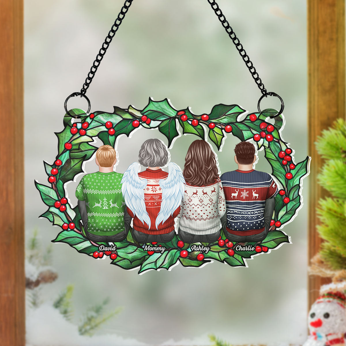Family Sitting Back View Holly Branch Personalized Suncatcher, Heartfelt Memorial Gift For Your Loved One