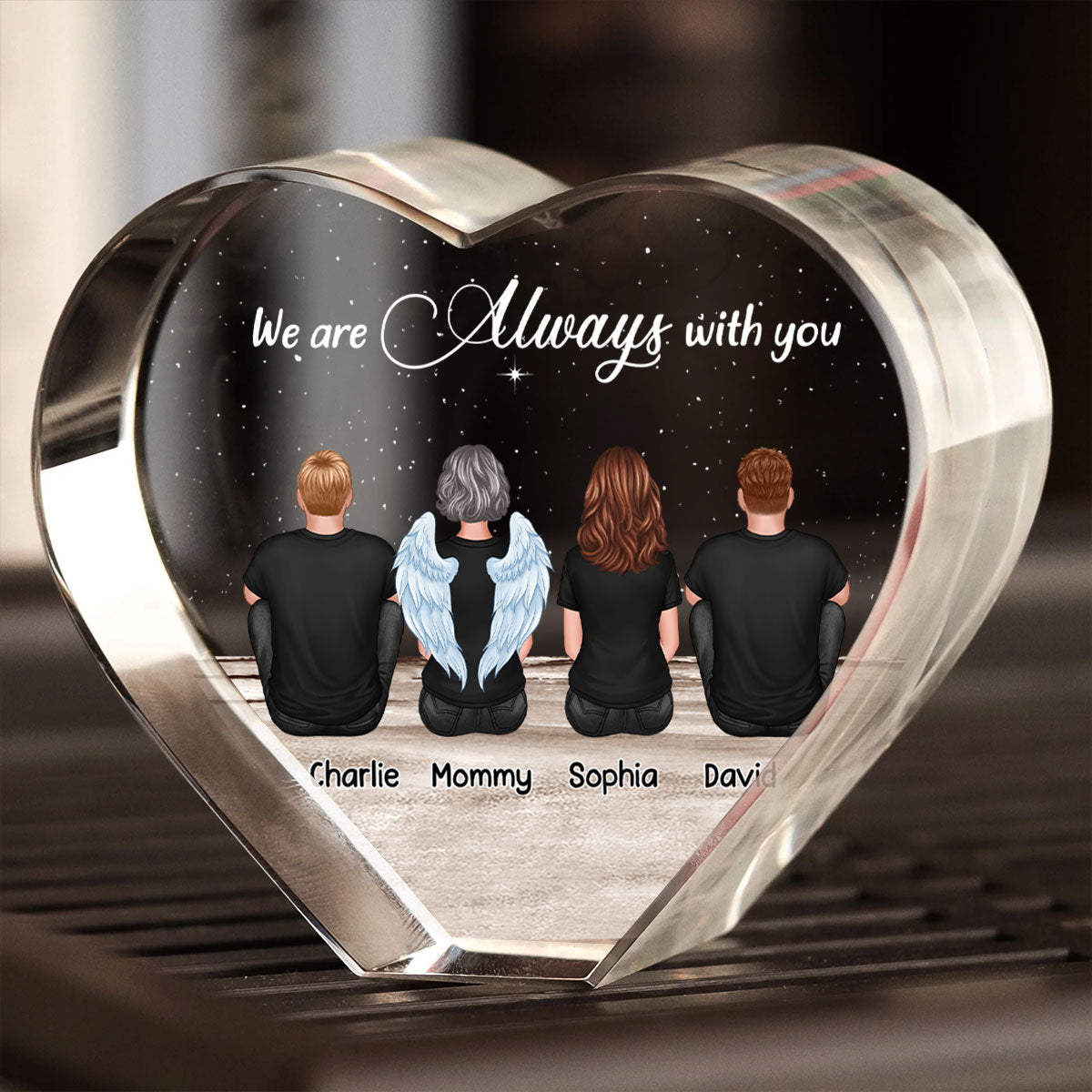 Always With You Sky Family Members, Memorial Personalized Premium Crystal Heart LED, Sympathy Gift