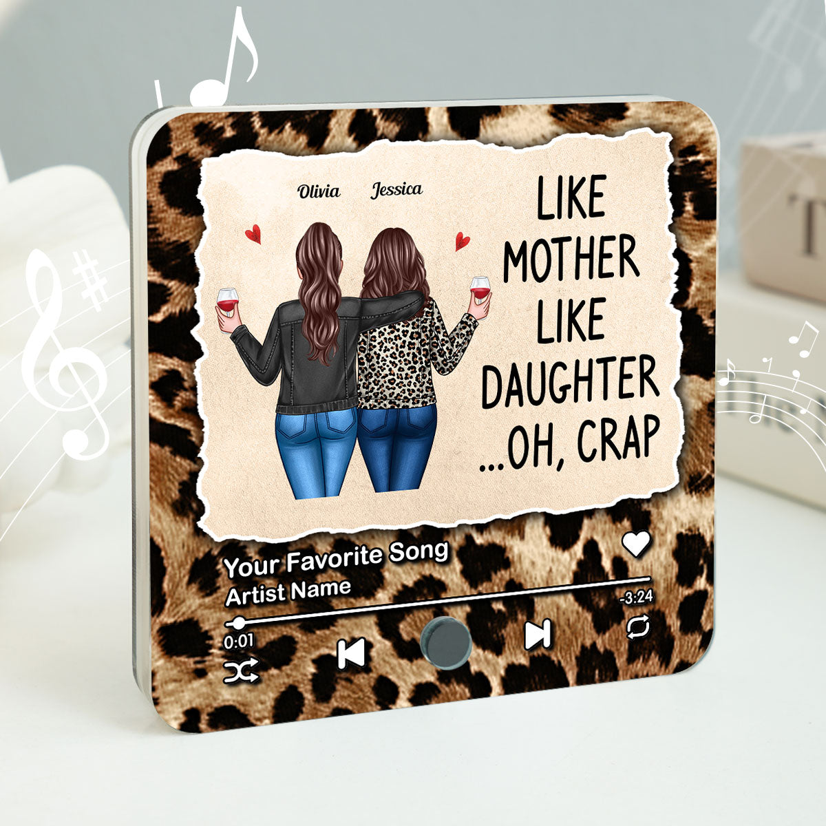Like Mother Like Daughter Leopard Pattern Personalized Music Fridge Magnet, Funny Mother's Day Gift for Mom, Gift for her