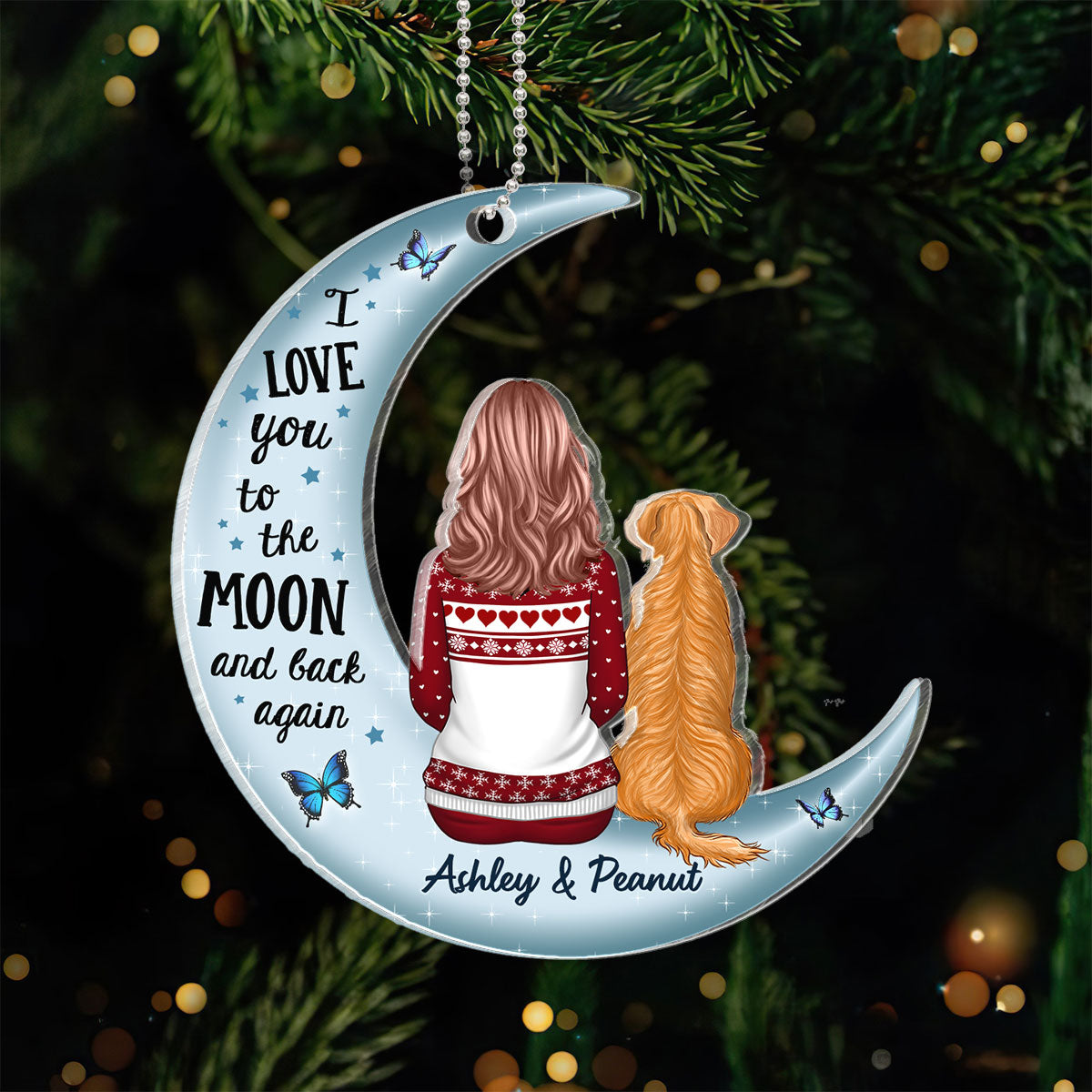 Love To The Moon Woman Dog Cat Keepsake Personalized Acrylic Ornament