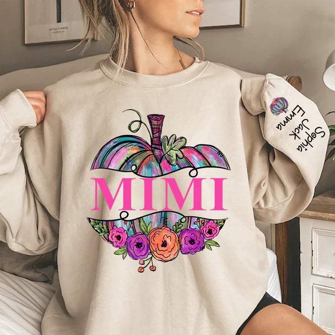 Personalized Mimi Painted Pumpkin And Grandkids Autumn Sweatshirt