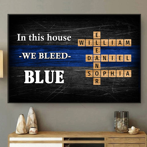 In This House We Bleed Blue Family Crossword Art Puzzle, Personalized Thin Blue Line Poster Office Decor, Appreciation Gift For Police Officers, Sheriff, Deputy Sheriff