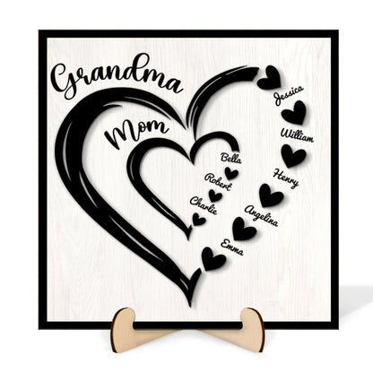 Grandma Mom Heart In Heart Personalized 2-layer Wooden Plaque, Mother's Day Gift For Mom