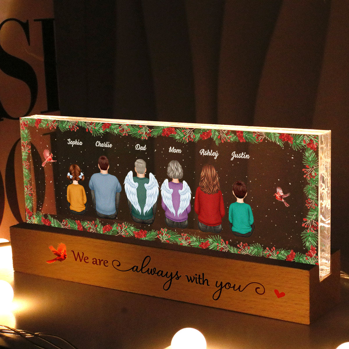 Holly Branch Family Memorial Personalized LED Night Light, Sympathy Gift For Loved Ones