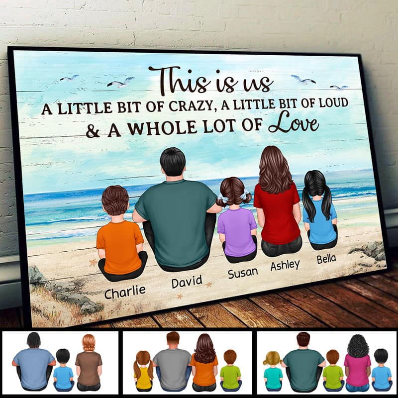 Back View Family Sitting Beach Landscape Personalized Horizontal Poster