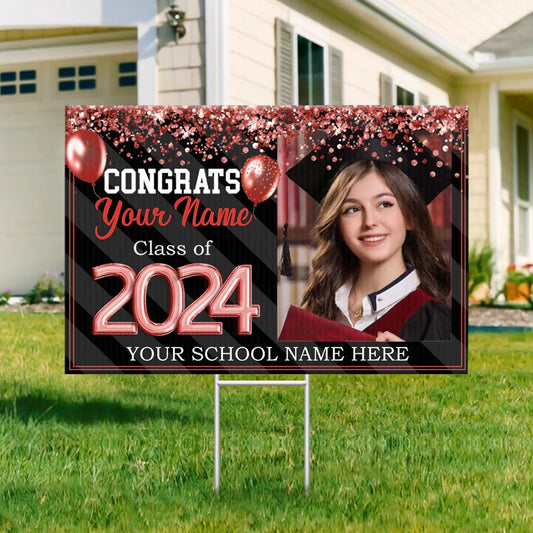 Graduate - Senior Photo Multicolor Glitter Balloon Yard Sign With Stake - Personalized Congrats 2024 - The Next Custom Gift
