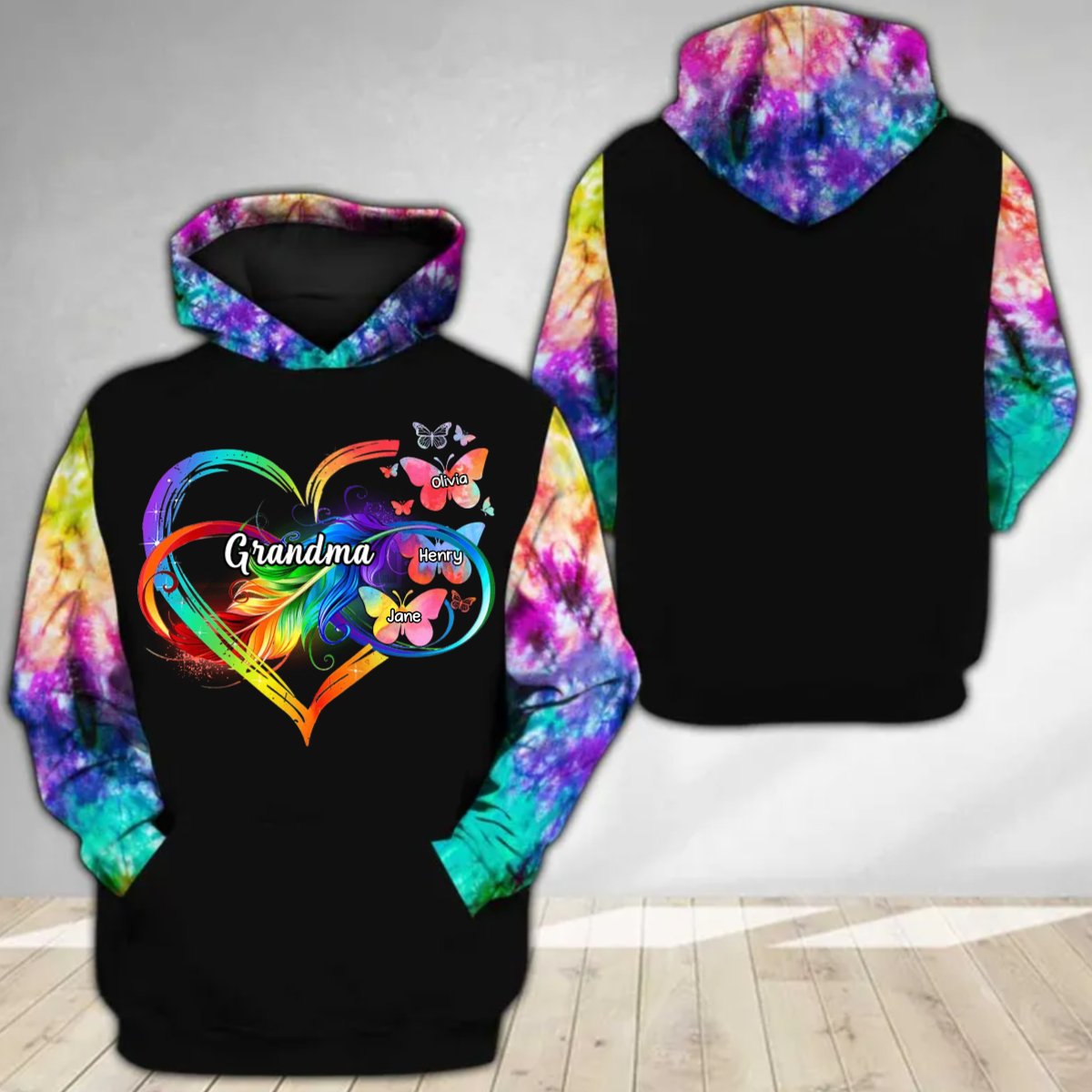 Grandma - Customized Grandma Grandkids Infinity Love Family Gift Heart Butterflies Rainbow - Personalized Hoodie (VT) - The Next Custom Gift