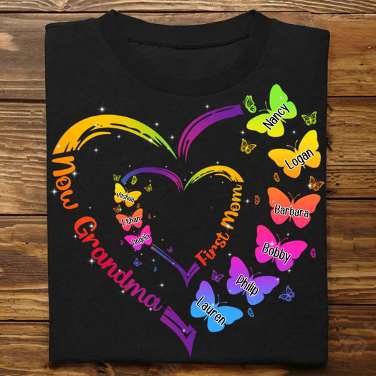 Grandma - First Mom Now Grandma With Butterfly - Personalized T - Shirt - The Next Custom Gift