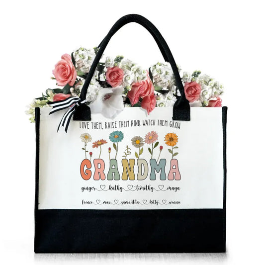 Grandma - Grandma Wild Floral Custom Grandkids' Names - Personalized Canvas Tote Bag - The Next Custom Gift