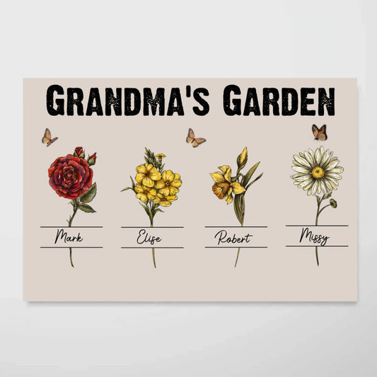 Grandma - Grandma‘s Garden Beautiful Vintage Birth Month Flower With Names Personalized Horizontal Poster - The Next Custom Gift