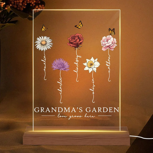 Grandma - Grandmaƒ??s Garden Love Grows Here Beautiful Birth Month Flower - Personalized Acrylic Plaque With LED Night Light - The Next Custom Gift