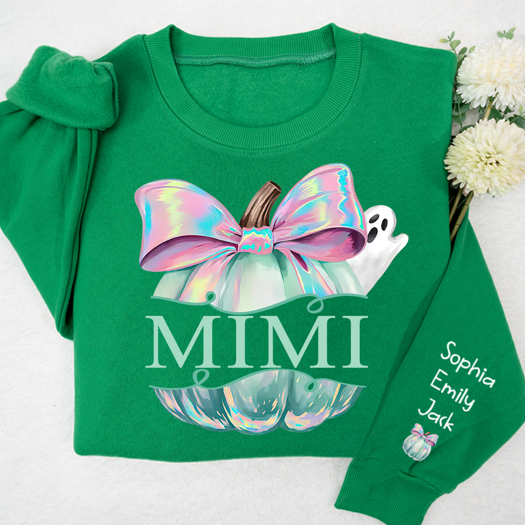 Personalized Mimi Pumpkin Iridescent Peeking Ghost With Grandkids Halloween Sweatshirt