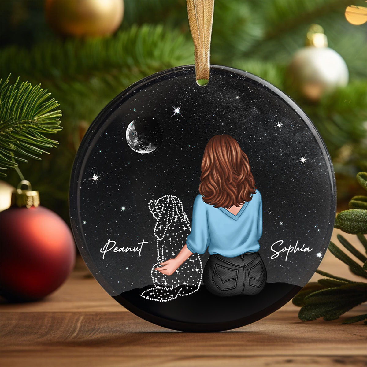 Woman And Dog Sitting Memorial Personalized Circle Ceramic Ornament