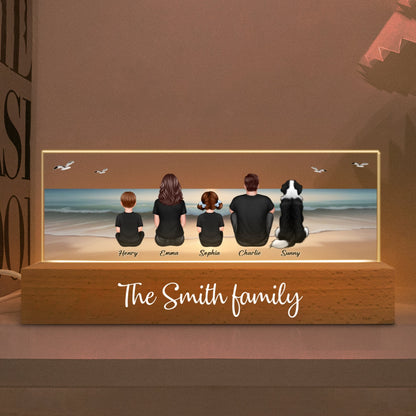 Realistic Beach Landscape Family Sitting Personalized Acrylic Block LED Night Light