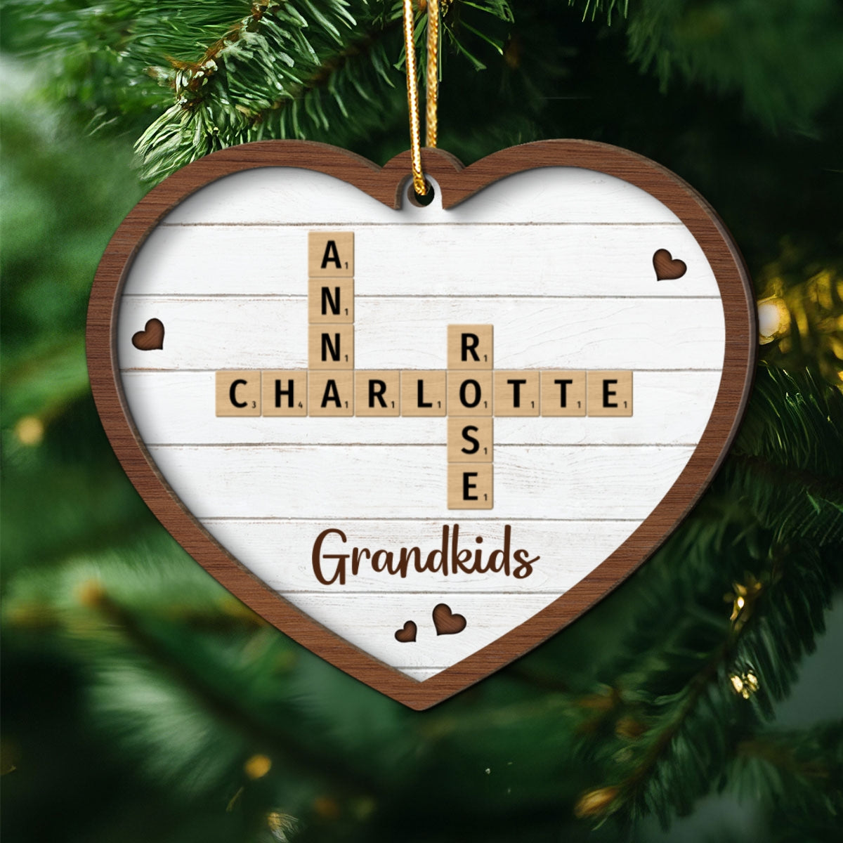 Grandkids Crossword Puzzle Art Personalized Heart Shaped 2-Layer Wooden Ornament, Christmas Gift For Grandma, Gift For Mom