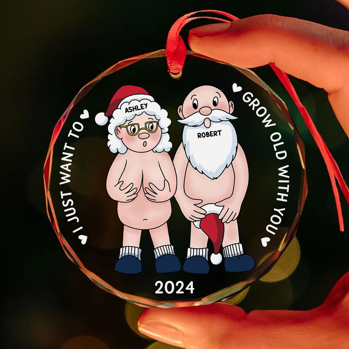 Funny Old Couple Personalized Circle Glass Ornament Christmas Gift for Him for Her