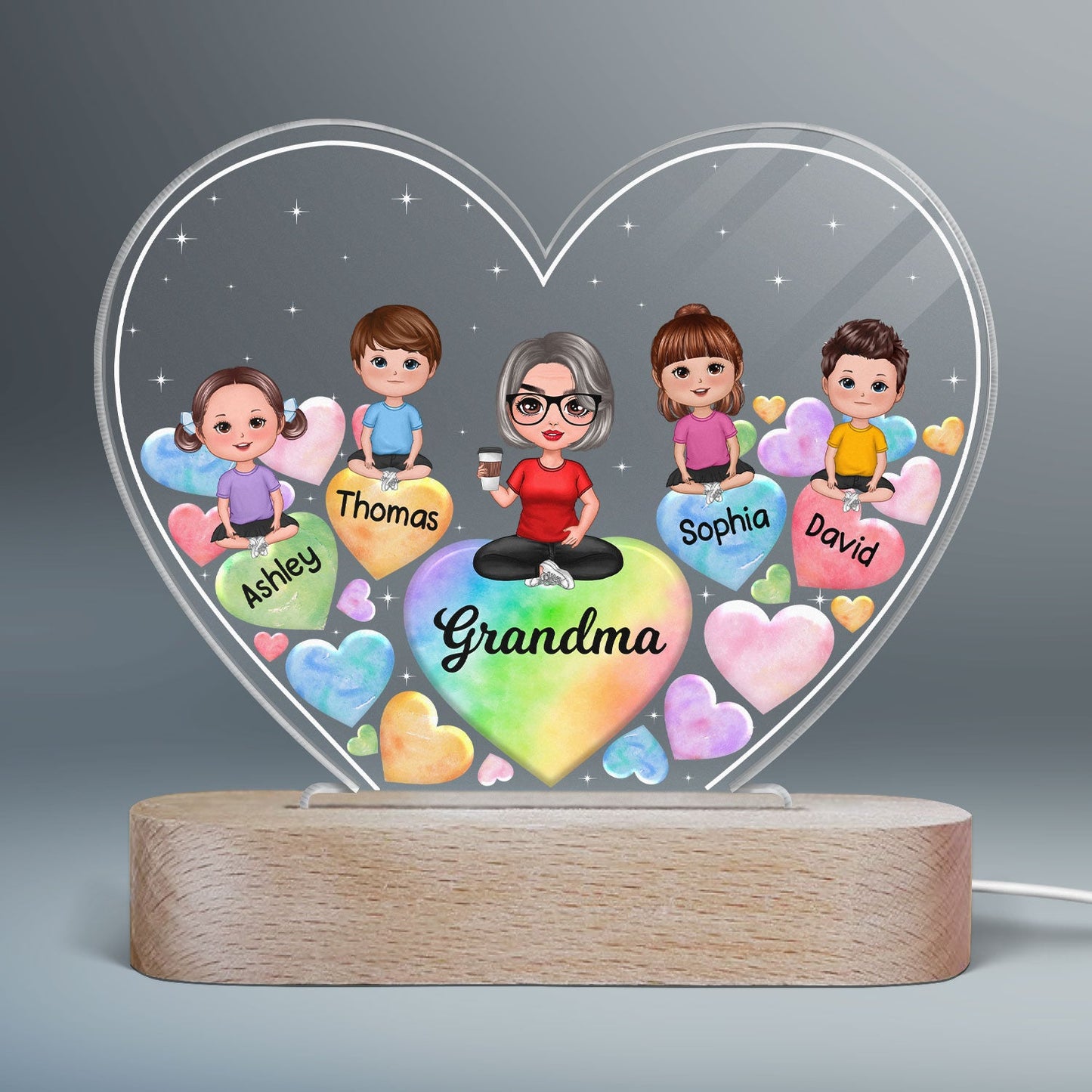 Grandma Grandkids Hearts In Heart Personalized Heart Acrylic LED Night Light
