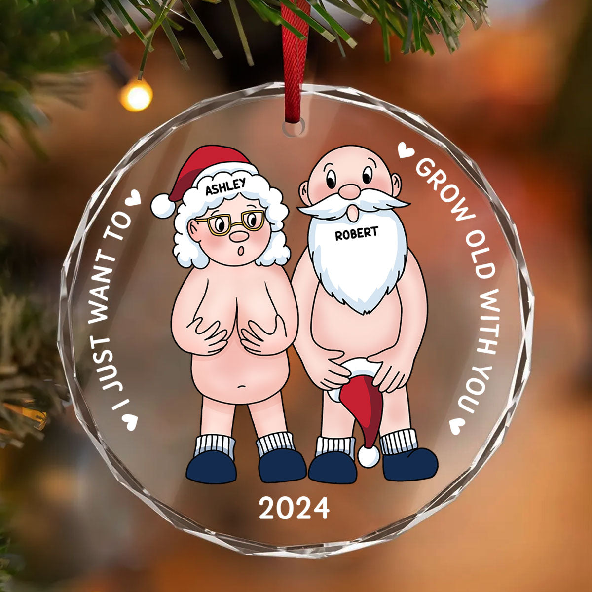 Funny Old Couple Personalized Circle Glass Ornament Christmas Gift for Him for Her