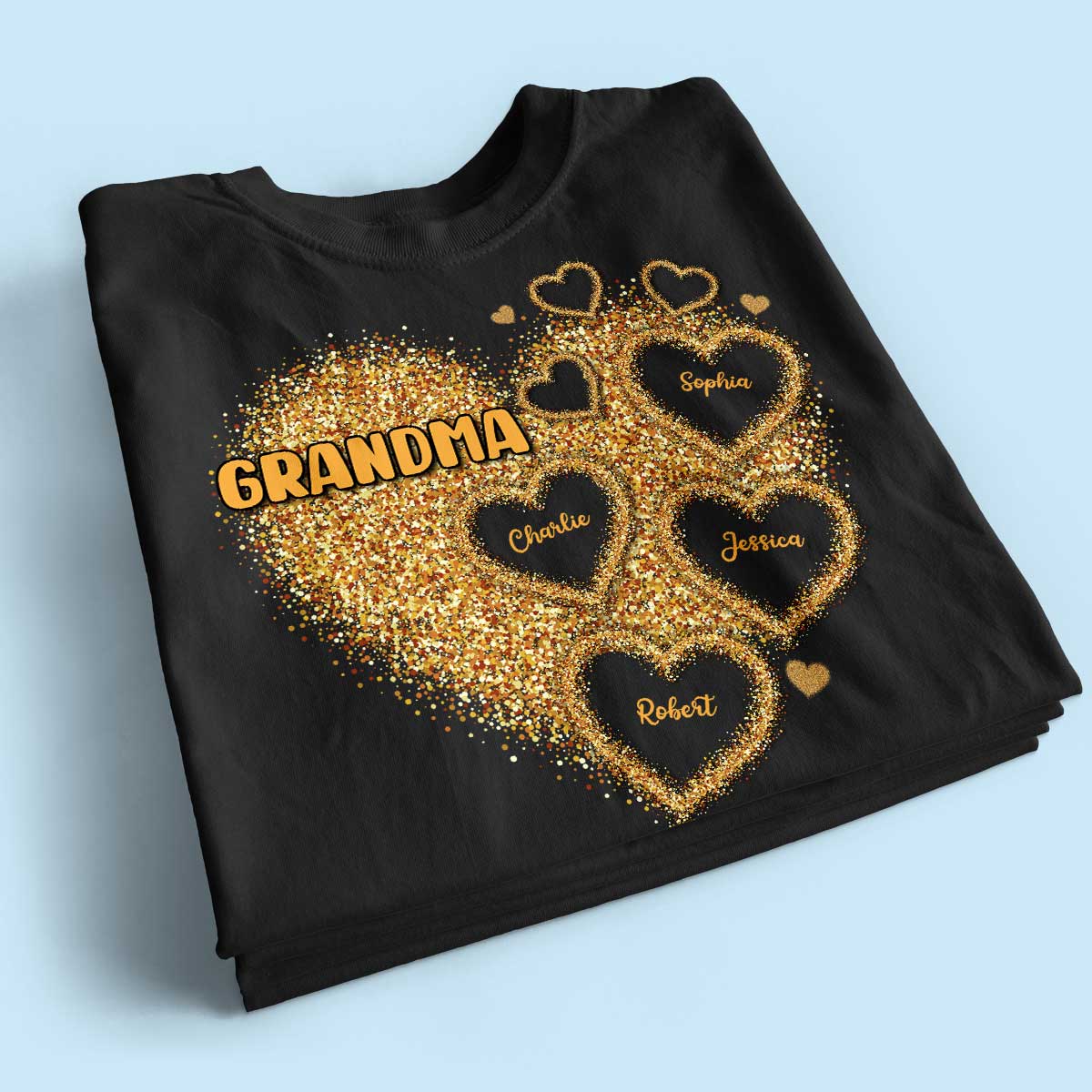 Grandma Mom Gold Glitter Heart Personalized Shirt, Gift For Grandma