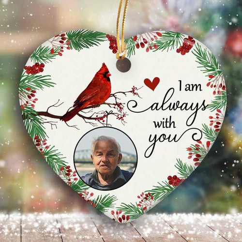 Always With You Holly Branch Cardinal Memorial Photo Personalized Heart Ornament