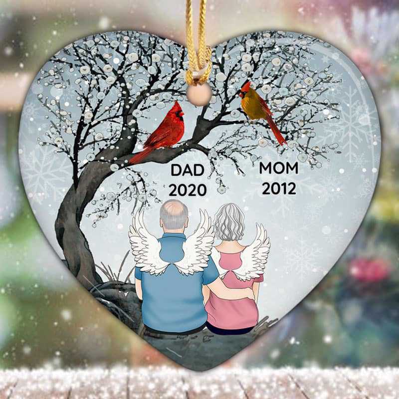 Dad Mom Cardinals Tree Memorial Personalized Heart Ornament