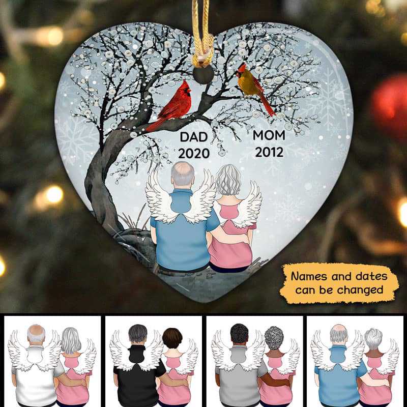 Dad Mom Cardinals Tree Memorial Personalized Heart Ornament