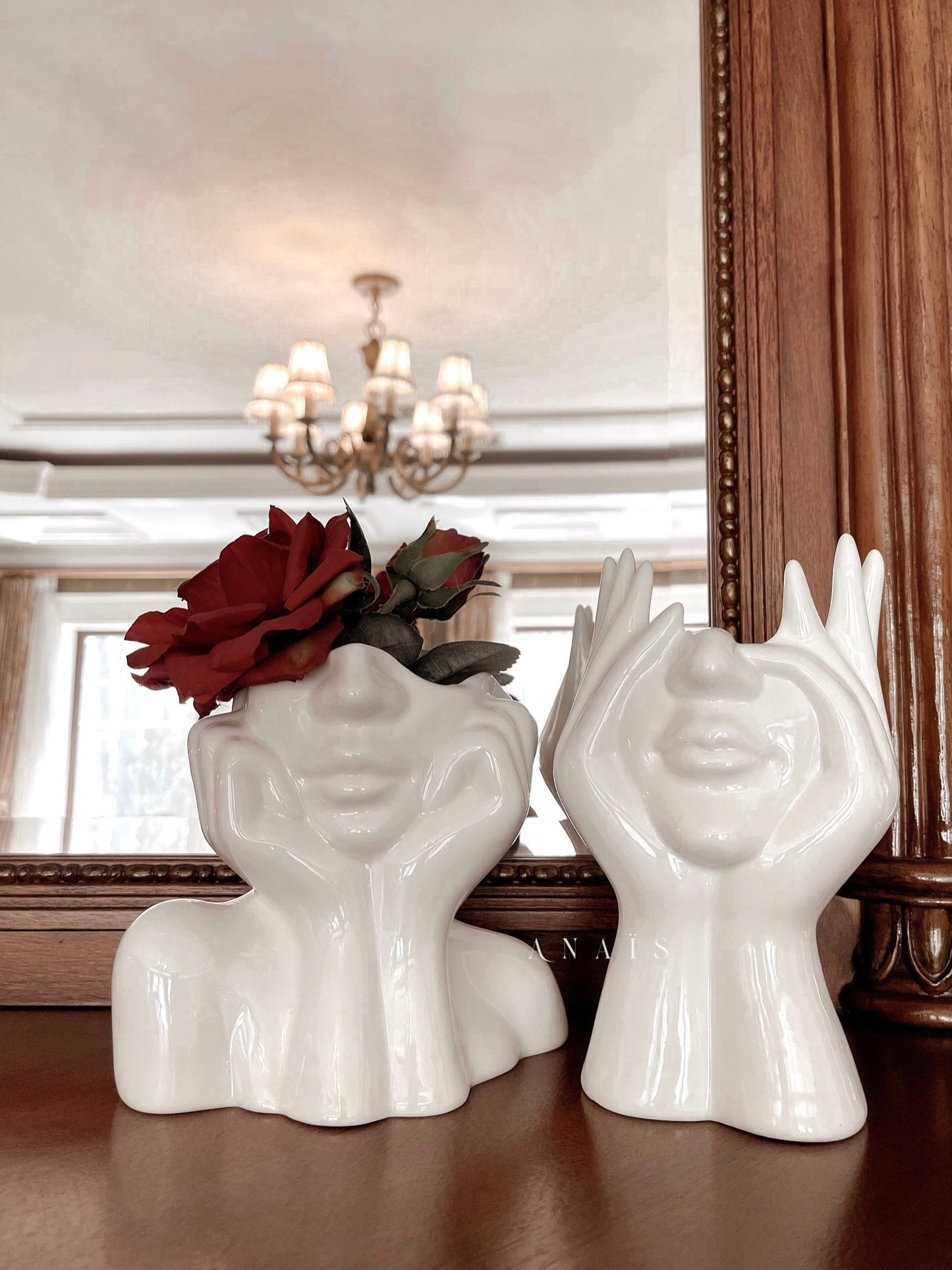 “Her” & Angelica Ceramic Vase Set of 2 on a luxurious wooden dresser.