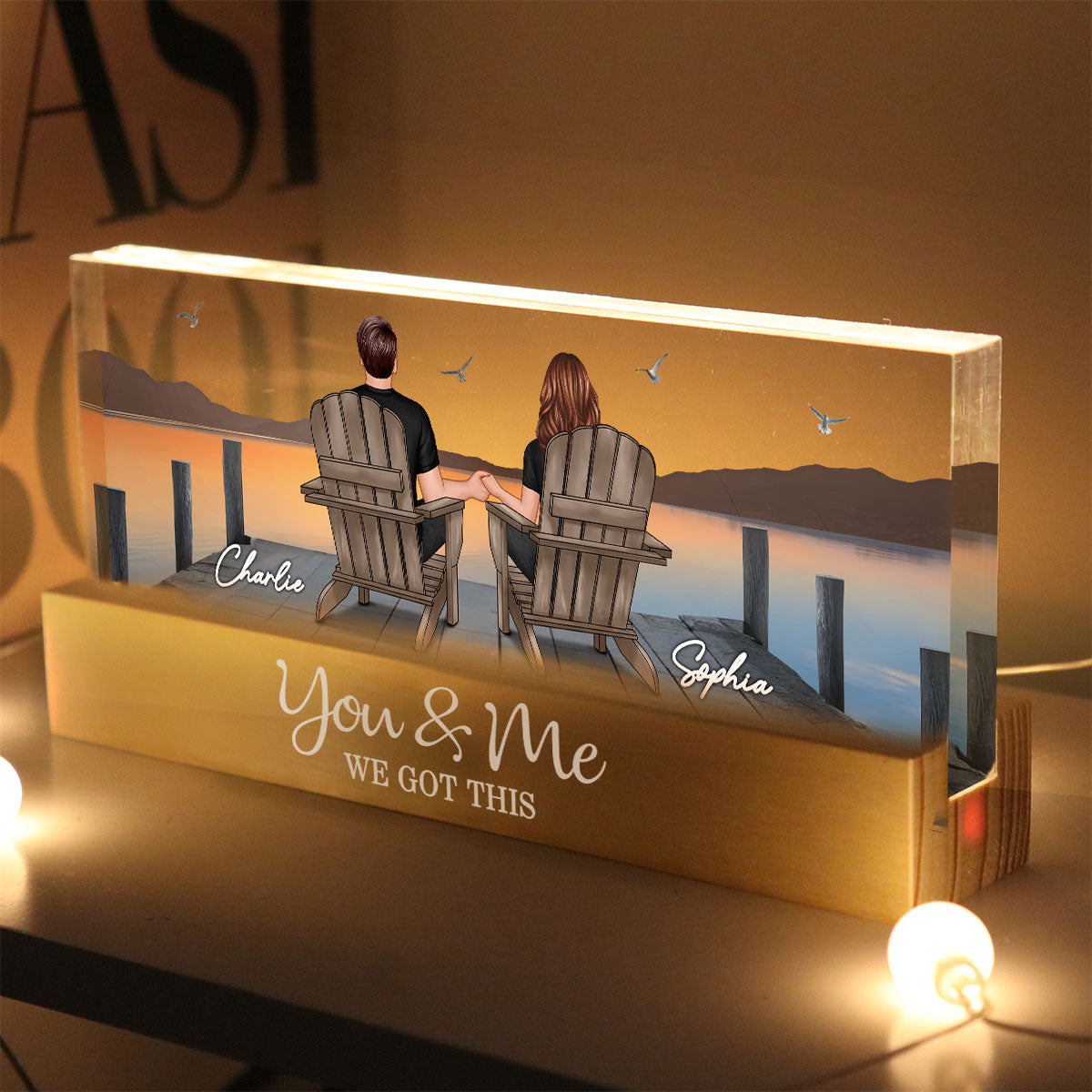 Back View Couple Sitting On The Bridge, Lake Dock Personalized Acrylic Block LED Night Light, Heartfelt Gift For Couple, For Him, For Her, Boyfriend, Girlfriend, Husband, Wife