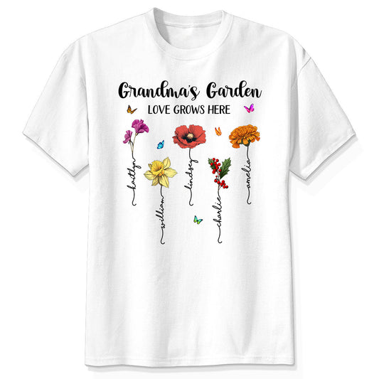 Grandma‘s Garden Love Grows Here Beautiful Birth Month Flower Mother‘s Day Gift For Grandma Mom Personalized Shirt