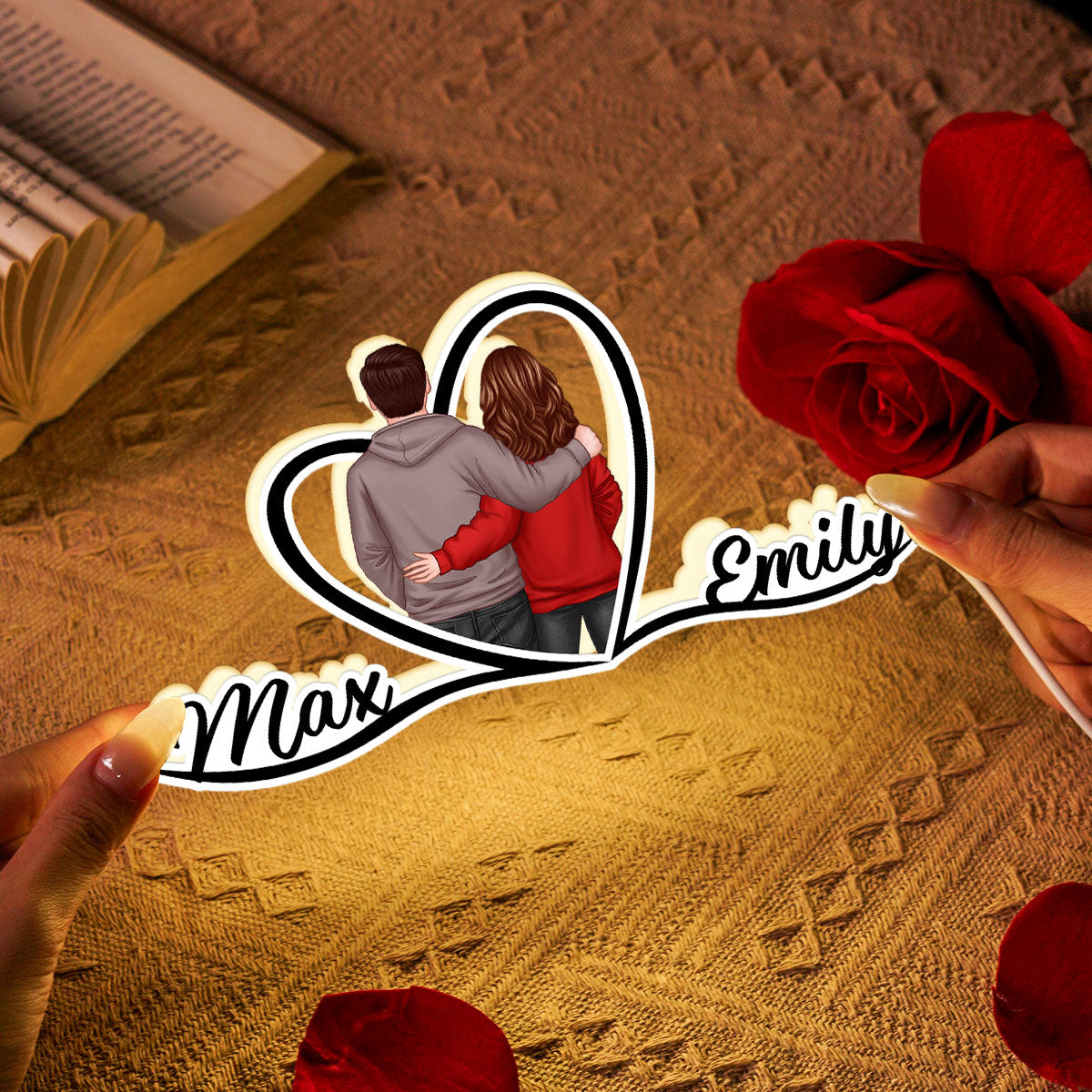 Couple Hugging Back View Heart Shape With Names Personalized Light Box, Anniversary Gift for Him for Her