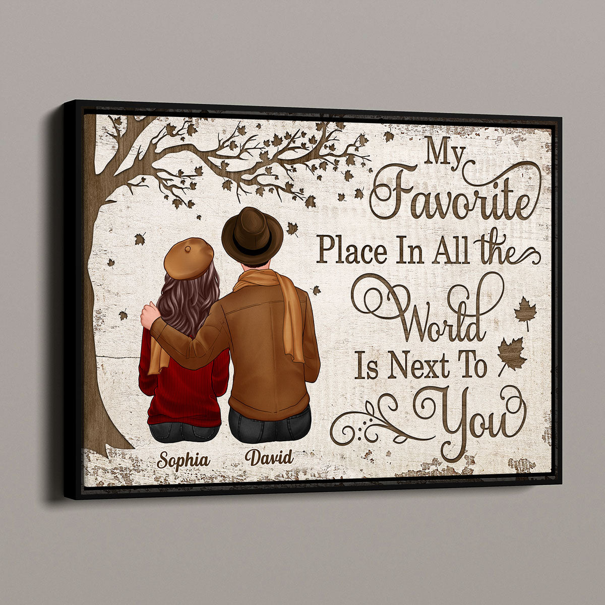 Embracing Couple Sitting Under Tree Personalized Horizontal Poster, Valentine‘s Day Gift For Him, For Her