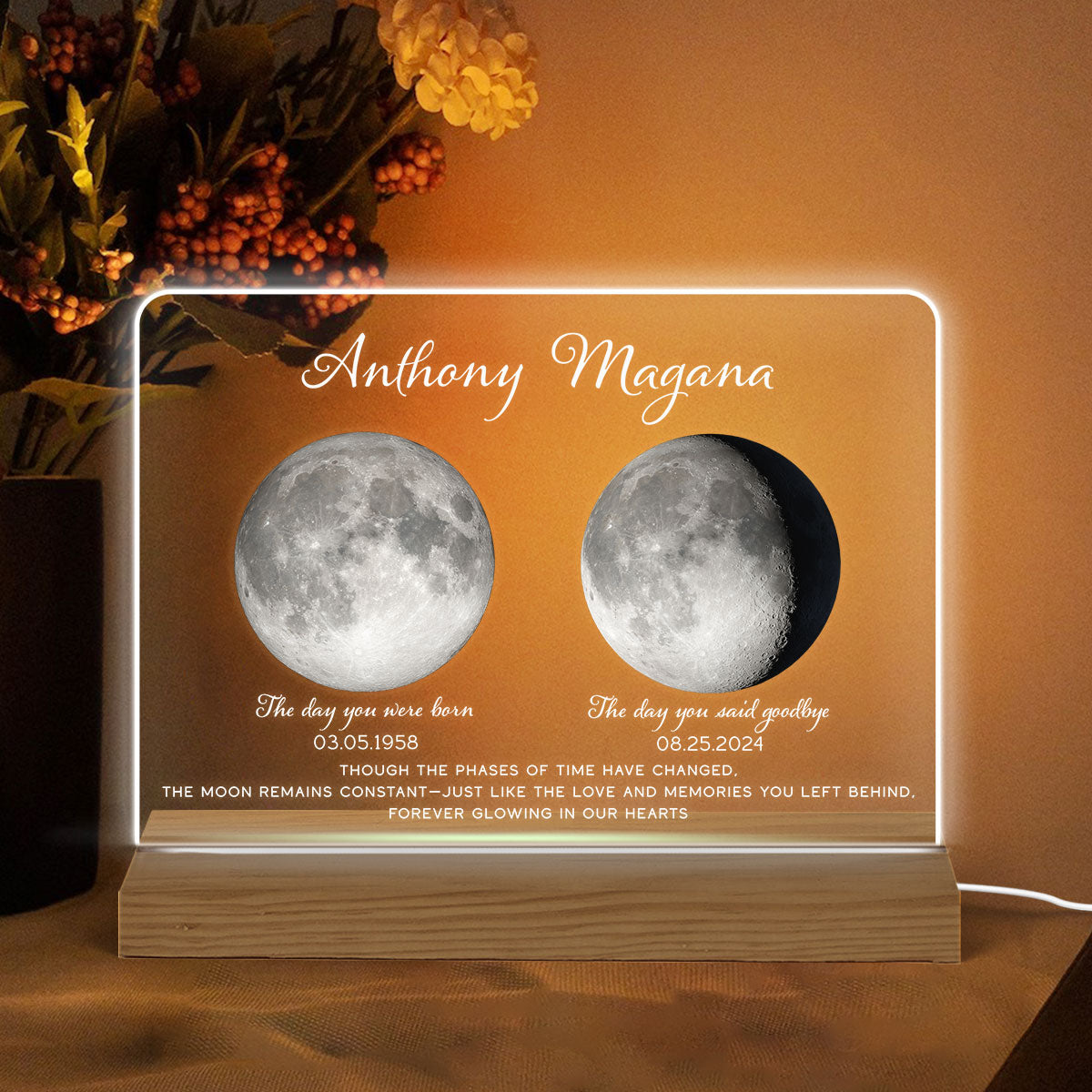 Memorial Keepsake Lost Loved One Moon Phase Art Sympathy Gift Personalized Acrylic Plaque With LED Night Light
