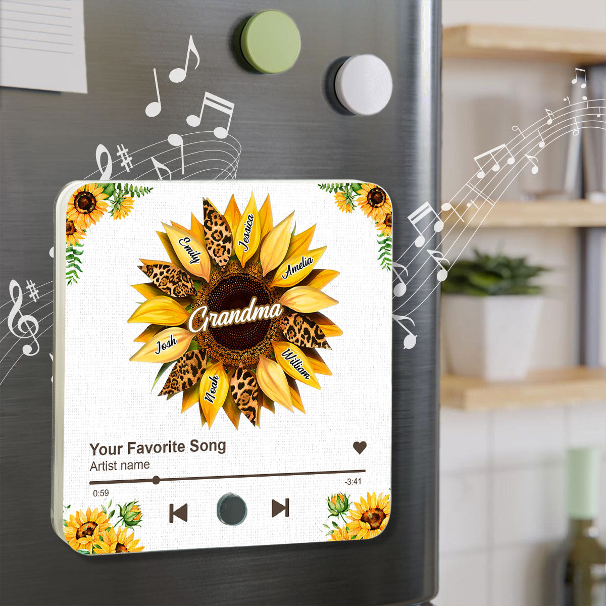 Nana Mom Sunflower Personalized Music Fridge Magnet, Heartfelt 2025 Mother's Day Birthday Gift For Mom