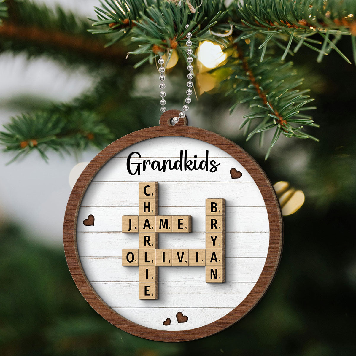 Grandkids Crossword Puzzle Art - Personalized Wooden Ornament