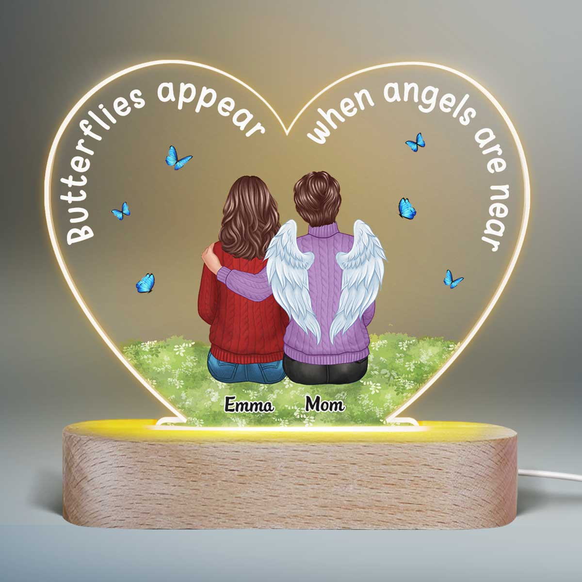 Family Sitting On Grass Memorial Remembrance Personalized Heart Acrylic Plaque LED Lamp Night Light