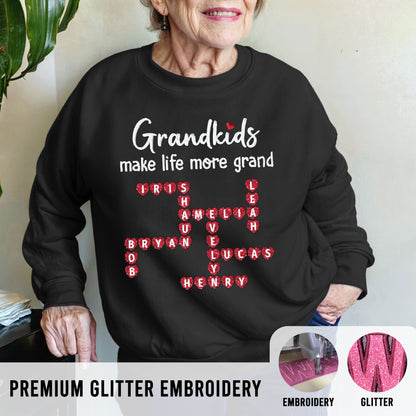 Grandkids Make Life More Grand Crossword Puzzle Art Personalized Glitter Embroidery Sweater, Heartfelt Gift For Grandma