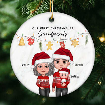 Our First Christmas As Grandparents Cute Things Personalized Circle Ceramic Ornament