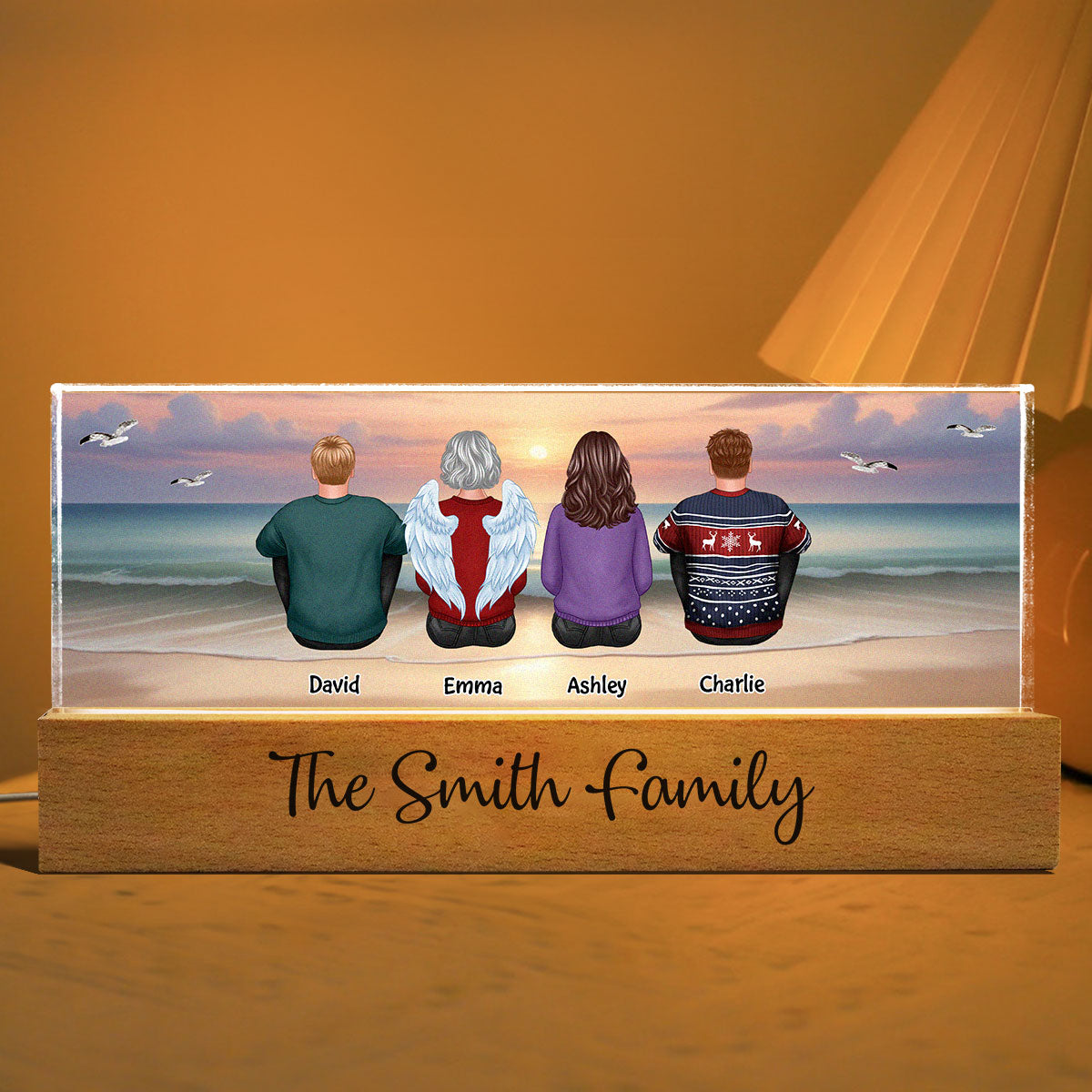 Eternal Sunset Beach Landscape Family Sitting Personalized Acrylic LED Night Light