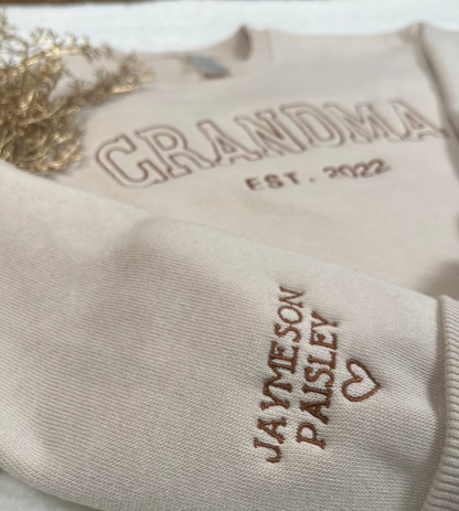 Personalized Grandma Embroidered Sweatshirt, Custom Grandma Est And Kids Name On Sleeve Sweatshirt, Mother's Day Gift For Grandma Mimi Nana Gigi Gaga