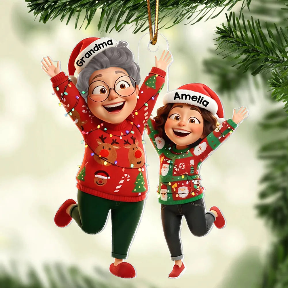 Happy Grandma Grandkid Jumping - Personalized Acrylic Ornament - Christmas Gift for Grandma, Grandkids