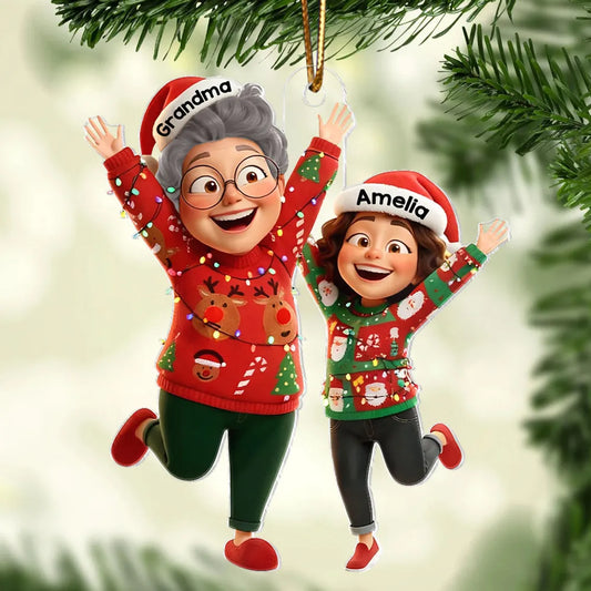 Happy Grandma Grandkid Jumping - Personalized Acrylic Ornament - Christmas Gift for Grandma, Grandkids