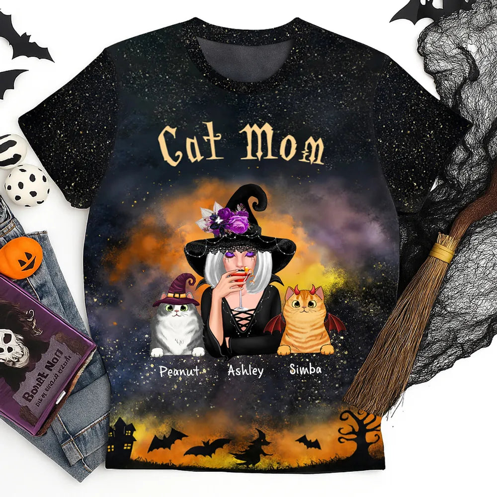 Pretty Witch Cat Mom Witchy Ombre Tie-Dye Pattern Personalized Shirt, Purrfect Costume for Cat Lover