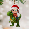 3D Effect Cute Little Girl Boy With Dinosaur Christmas - Personalized Acrylic Ornament - Gift For Kids, Grandkids, Fun & Unique