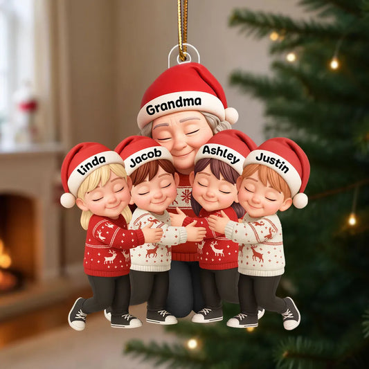 Grandma Hugging Grandkids - Personalized Acrylic Ornament - Heartwarming Christmas Gift for Grandma, Granddaughter, Grandson